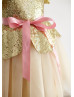 Gold Sequin Champagne Tulle Short Sleeves Tea Length Flower Girl Dress 